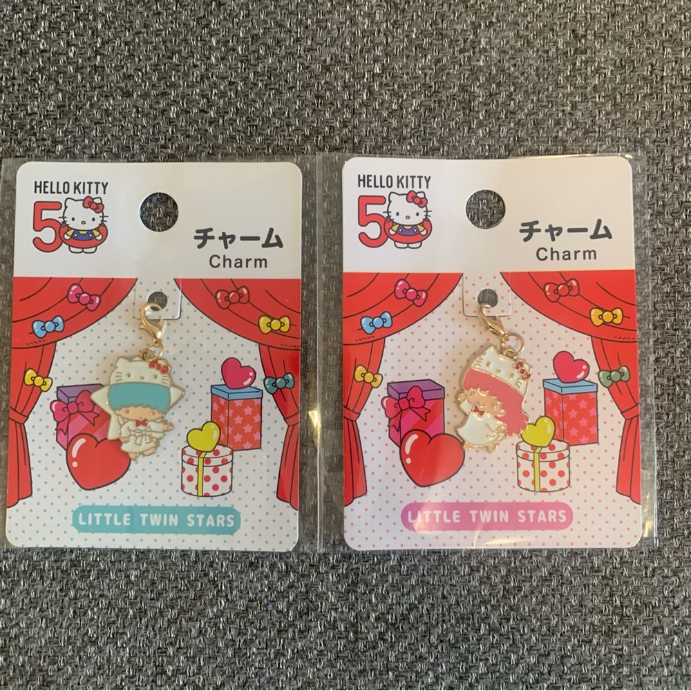 BNIB Japan Hello Kitty 50th Anniv Charm Keychain Little Twin Stars Kiki Lala set
